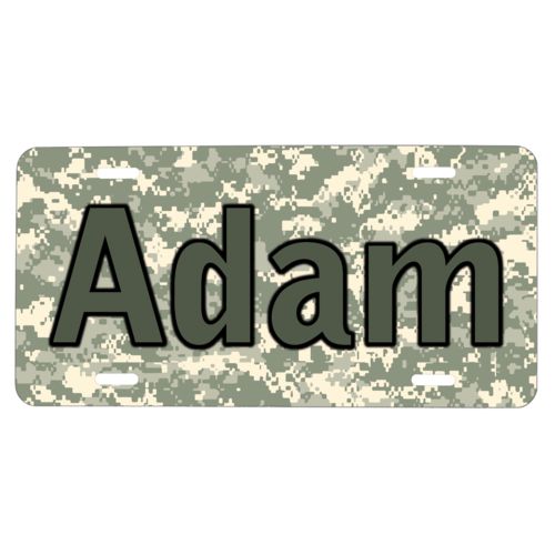 Personalized license plate personalized with army camo pattern and the saying "Adam"
