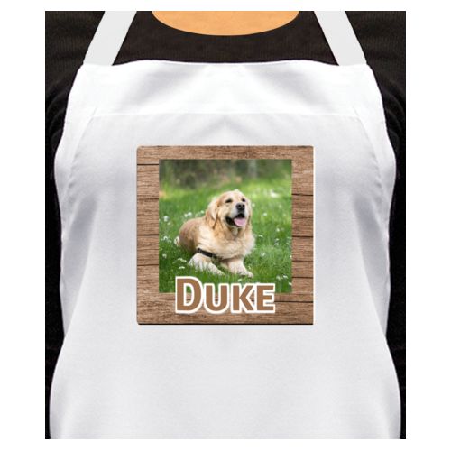 Personalized apron personalized with brown wood pattern and photo and the saying "Duke"