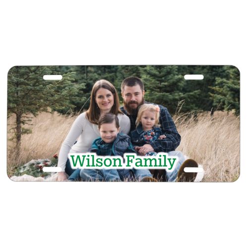 Personalized license plate personalized with photo and the saying "Wilson Family"