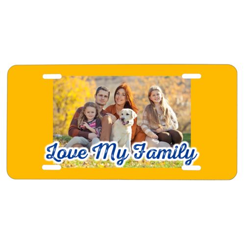 Custom car plate personalized with photo and the saying "Love My Family"