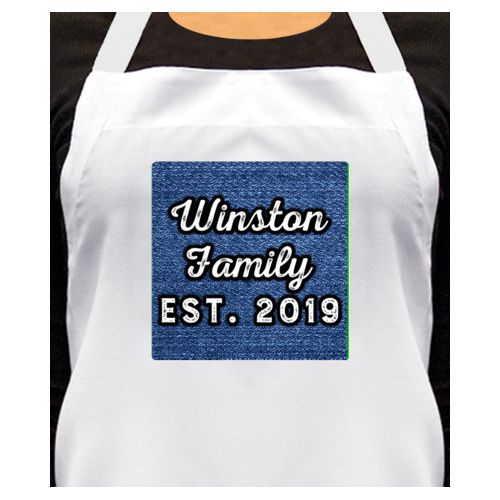 Personalized apron personalized with denim industrial pattern and the saying "Winston Family Est. 2019"