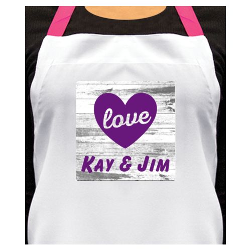 Personalized apron personalized with white rustic pattern and the sayings "love" and "Kay & Jim"