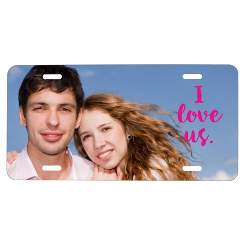 Custom car plate personalized with photo and the saying "I love us"