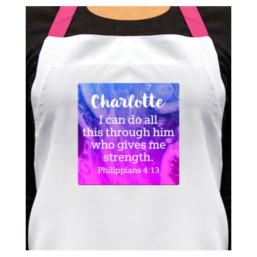 Personalized apron personalized with ombre amethyst pattern and the saying "Charlotte I can do all this through him who gives me strength. Philippians 4:13"