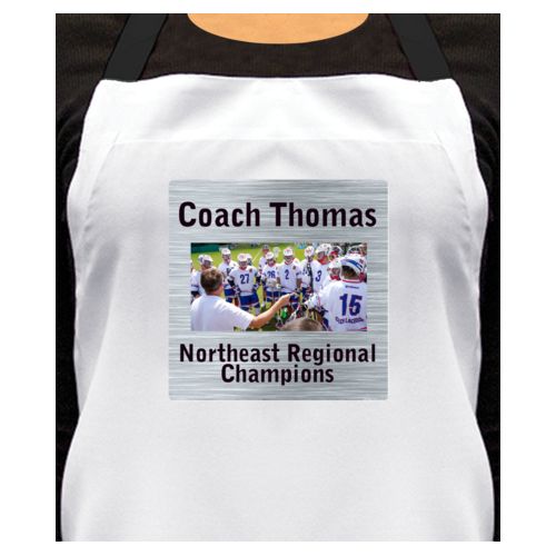 Personalized apron personalized with steel industrial pattern and photo and the sayings "Coach Thomas" and "Northeast Regional Champions"