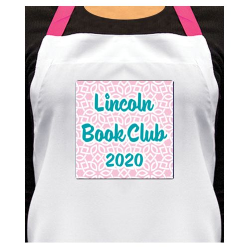Personalized apron personalized with lattice pattern and the saying "Lincoln Book Club 2020"