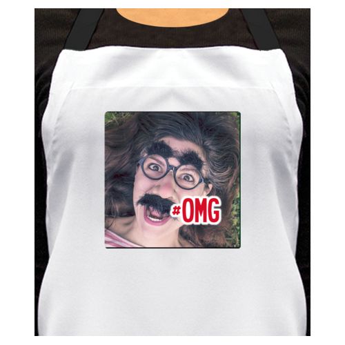 Personalized apron personalized with photo and the saying "#omg"