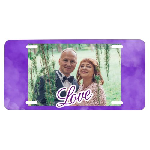 Personalized license plate personalized with purple cloud pattern and photo and the saying "love"