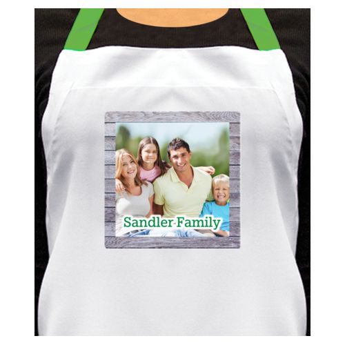 Personalized apron personalized with grey wood pattern and photo and the saying "Sandler Family"