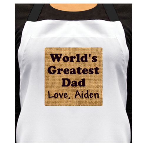 Personalized apron personalized with burlap industrial pattern and the saying "World's Greatest Dad Love, Aiden"