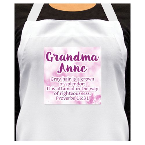 Personalized apron personalized with pink marble pattern and the saying "Grandma Anne Gray hair is a crown of splendor; It is attained in the way of righteousness. Proverbs 16:31"