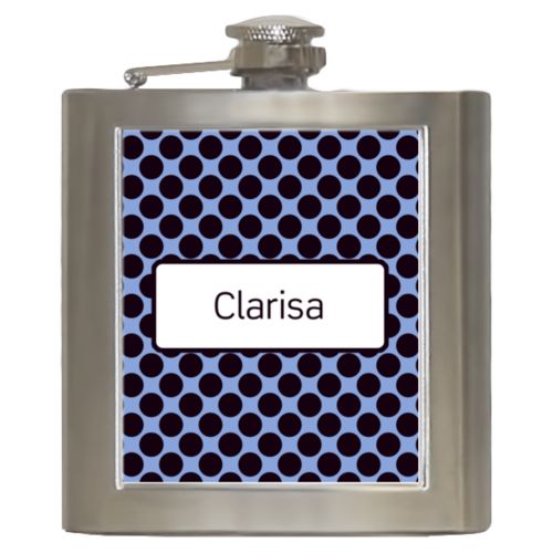 Personalized 6oz flask personalized with dots pattern and name in black and serenity blue