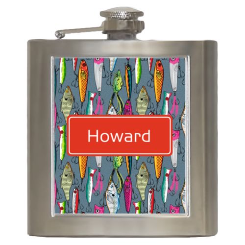Personalized 6oz flask personalized with fishing lures pattern and name in strong red