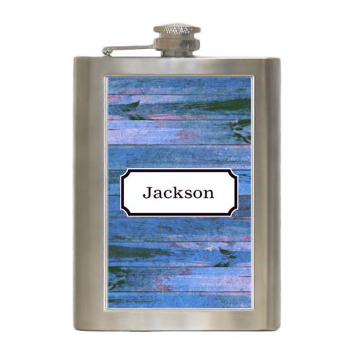 Personalized 8oz flask personalized with sky rustic pattern and name in black licorice