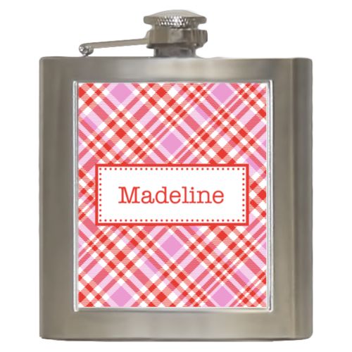 Personalized 6oz flask personalized with tartan pattern and name in red punch and thistle