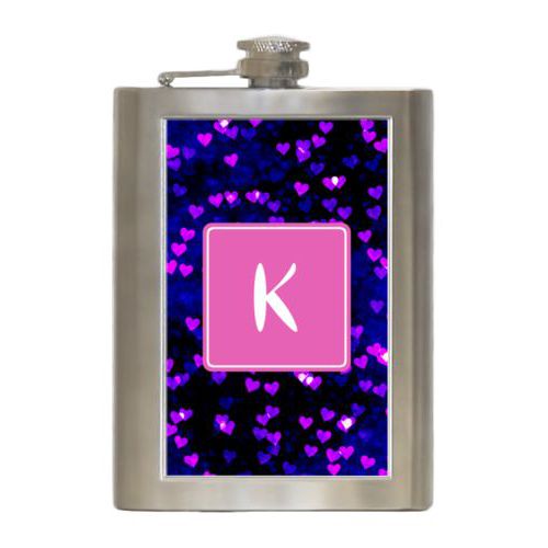 Personalized 8oz flask personalized with dream hearts pattern and initial in pink