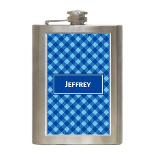 Personalized 8oz flask personalized with check pattern and name in ultramarine
