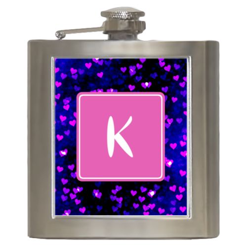 Personalized 6oz flask personalized with dream hearts pattern and initial in pink