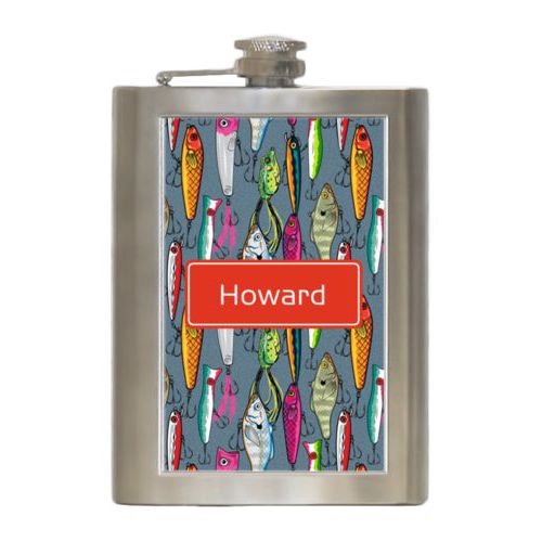 Personalized 8oz flask personalized with fishing lures pattern and name in strong red