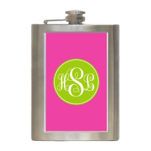 Personalized 8oz flask personalized with concaved pattern and monogram in juicy green and juicy pink