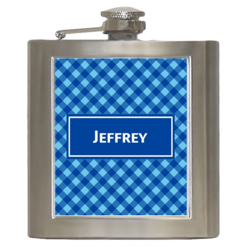 Personalized 6oz flask personalized with check pattern and name in ultramarine