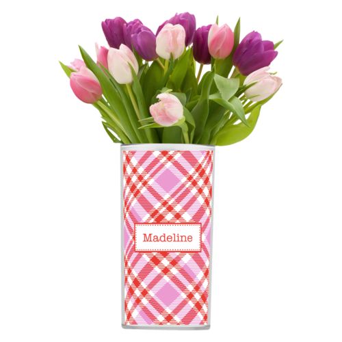 Personalized vase personalized with tartan pattern and name in red punch and thistle