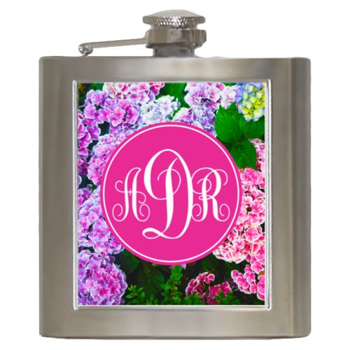 Personalized 6oz flask personalized with hydrangea pattern and monogram in pink
