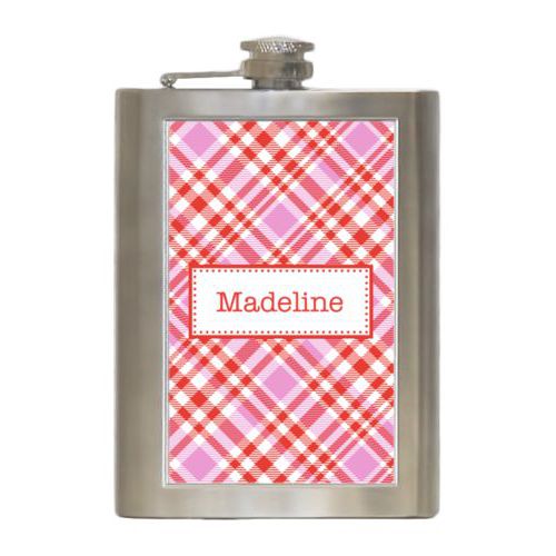 Personalized 8oz flask personalized with tartan pattern and name in red punch and thistle