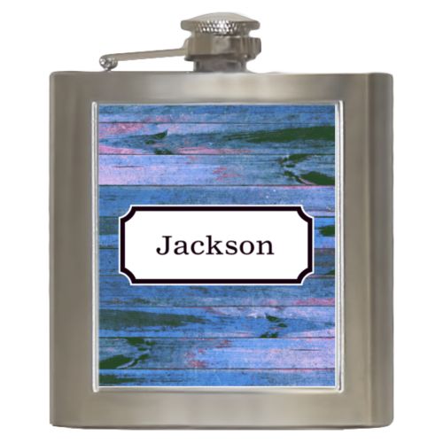 Personalized 6oz flask personalized with sky rustic pattern and name in black licorice