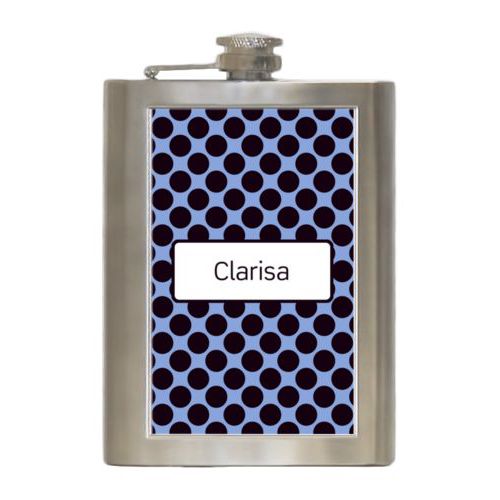 Personalized 8oz flask personalized with dots pattern and name in black and serenity blue