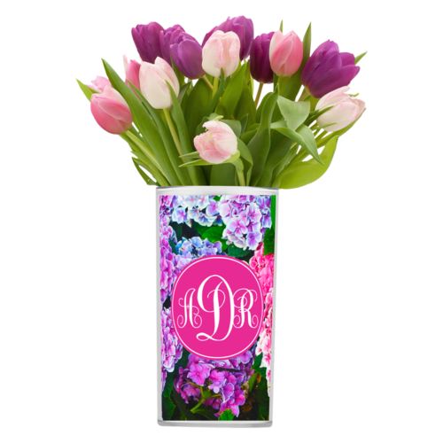 Personalized vase personalized with hydrangea pattern and monogram in pink