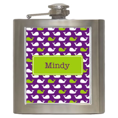 Personalized 6oz flask personalized with whales pattern and name in orchid and juicy green