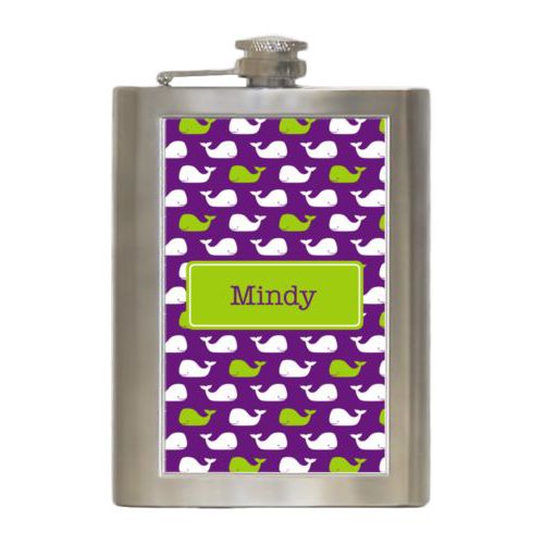 Personalized 8oz flask personalized with whales pattern and name in orchid and juicy green