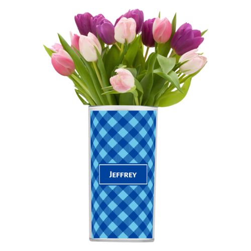 Personalized vase personalized with check pattern and name in ultramarine