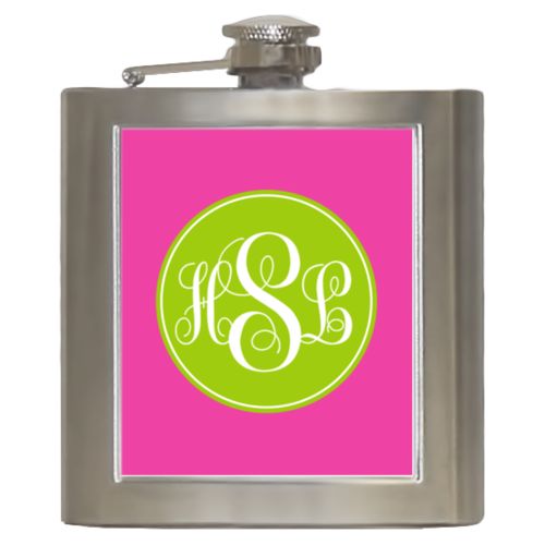 Personalized 6oz flask personalized with concaved pattern and monogram in juicy green and juicy pink