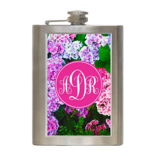 Personalized 8oz flask personalized with hydrangea pattern and monogram in pink