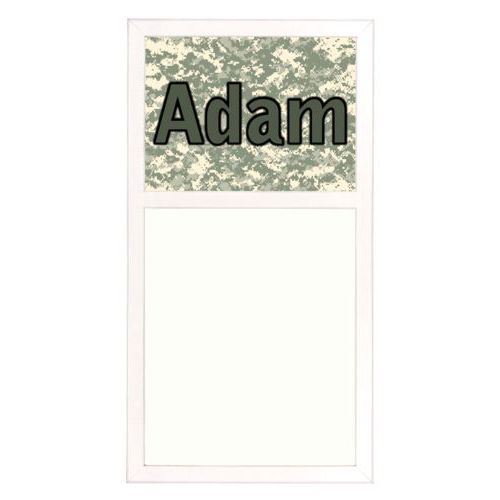 Personalized white board personalized with army camo pattern and the saying "Adam"