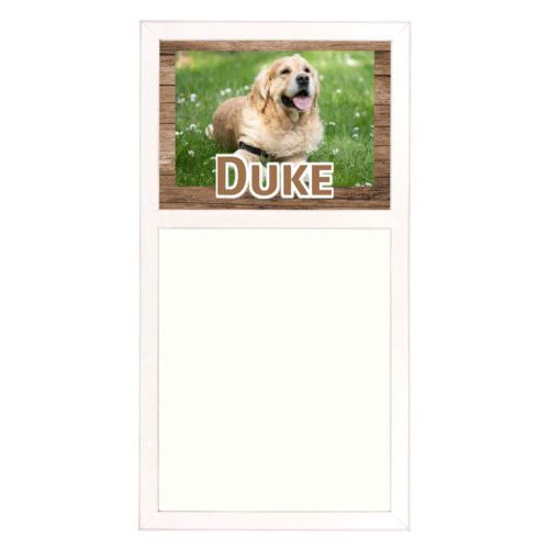 Personalized white board personalized with brown wood pattern and photo and the saying "Duke"