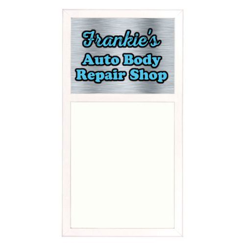 Personalized white board personalized with steel industrial pattern and the saying "Frankie's Auto Body Repair Shop"