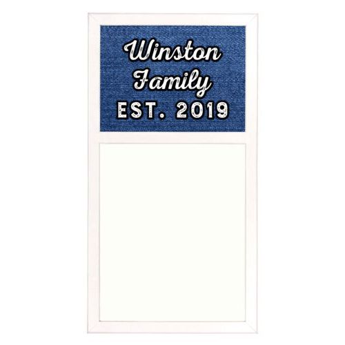 Personalized white board personalized with denim industrial pattern and the saying "Winston Family Est. 2019"