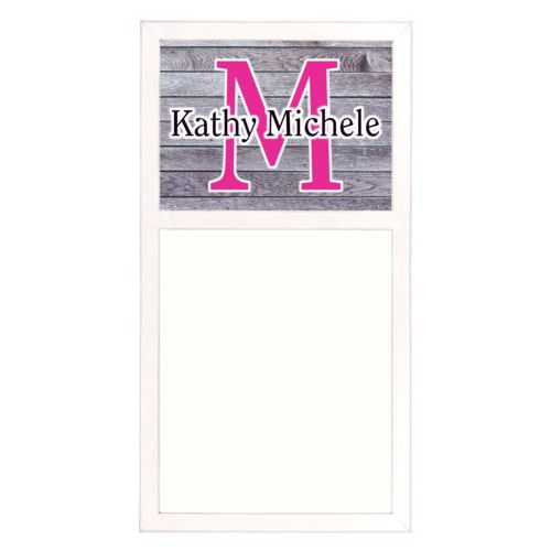 Personalized white board personalized with grey wood pattern and the sayings "M" and "Kathy Michele"