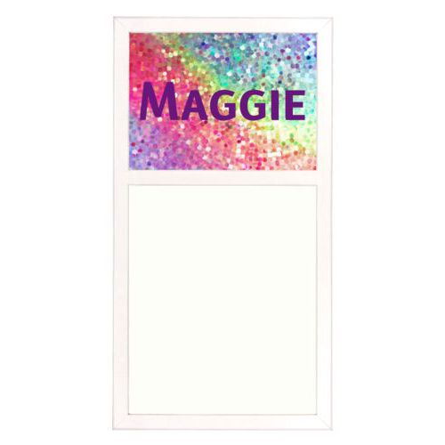 Personalized white board personalized with glitter pattern and the saying "Maggie"