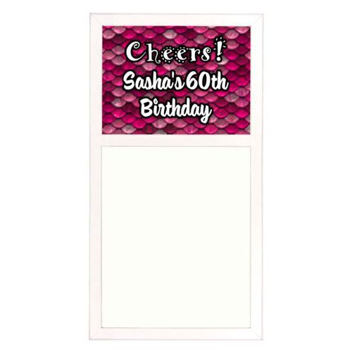 Personalized white board personalized with pink mermaid pattern and the saying "Cheers! Sasha's 60th Birthday"