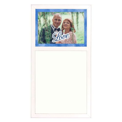 Personalized white board personalized with blue cloud pattern and photo and the saying "love"