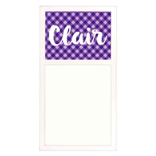 Personalized white board personalized with check pattern and the saying "Clair"