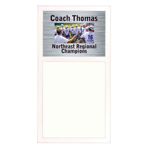 Personalized white board personalized with steel industrial pattern and photo and the sayings "Coach Thomas" and "Northeast Regional Champions"