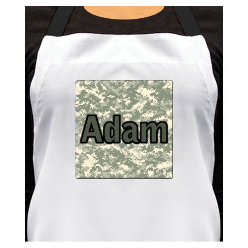 Personalized apron personalized with army camo pattern and the saying "Adam"