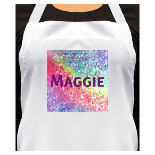 Personalized apron personalized with glitter pattern and the saying "Maggie"