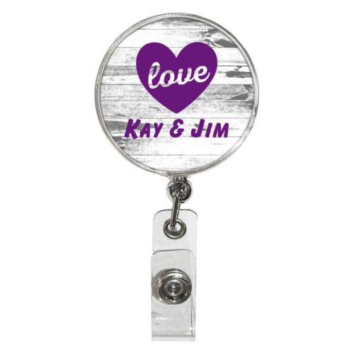 Personalized badge reel personalized with white rustic pattern and the sayings "love" and "Kay & Jim"