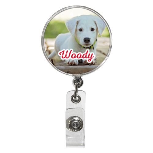 Personalized badge reel personalized with photo and the saying "Woody"